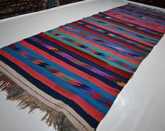 5x12 Vintage Kilim Runner Rug/ Geometric Mabasi Afghan Flatweave Kilim Rug/ Turkmen Handmade Wool Oriental Rug/ Purple Blue Pink Green Black