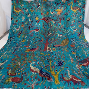 8x10 Large Area Rug Rich/ Turquoise Pictorial Rug/ Afghan Handmade Wool Area Rug Peacock Birds Trees Oriental Turkmen Rug/ Kids Room 240x300