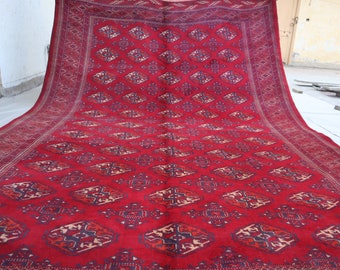 1950s Antique Turkmen Tekke Bukhara Rug 7'9x11'4 ft Handmade Wool Area Rug/ Oriental Afghan Faded Distressed Red Rug/ Living Room Rug 8x11