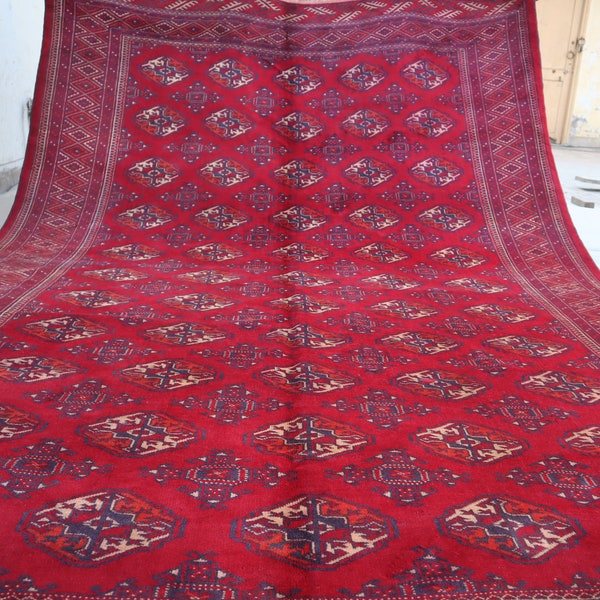 1950s Antique Turkmen Tekke Bukhara Rug 7'9x11'4 ft Handmade Wool Area Rug/ Oriental Afghan Faded Distressed Red Rug/ Living Room Rug 8x11