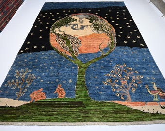 7x10 Gabbeh Area Rug/ Blue Afghan Handmade Wool Rug/ Unique design Moon Rug/ Veg dyes Rug/ Oriental Turkmen Rug/ Living room Rug Bedroom Rug