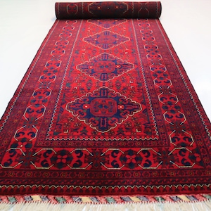 Red 13 ft Long Runner Rug/ Turkmen Bukhara Rug/ Handmade 100% Wool Rug/ Khal Muhammadi Oriental Afghan Rug/ Kitchen Rug/ Hallway Runner Rug