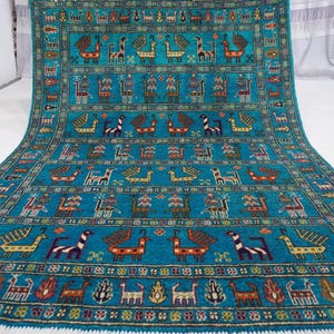 5x7 Birds Antelopes Trees Turquoise Pictorial Rug/ Turkmen Fine Quality Handmade Soft Wool Rug Oriental Afghan Rug Bedroom Rug Kids Room Rug