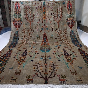 Natural Pictorial Rug 7x10 Afghan Handmade Wool Area Rug/ Multiple Trees Rug/ Oriental Turkmen Rug/ Tree of life Rug/ Kids Room/ Bedroom Rug