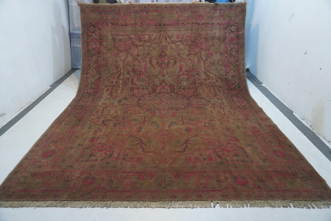 1990s Vintage Rug 9x11 Turkmen Medallion Heriz Rug/ Low Pile Distress ...