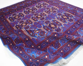 7x7 ft Rich Blue Square Rug- Turkmen Handmade Bukhara rug/ Afghan Fine Wool Rug/ Vintage Pattern  Rug/ Caucasian Rug/ Office Rug Bedroom Rug