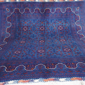 7x7 Rich Blue Square Rug- Turkmen Khal Muhammadi Bukhara rug/ Handmade Wool Rug/ Blue Vintage Pattern Oriental Rug/ Office Rug/ Bedroom Rug