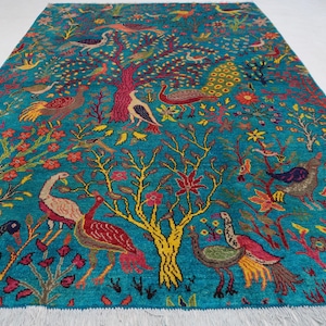 Turquoise Pictorial Rug 5x8 Afghan Handmade Wool Area Rug/ Peacock Birds Trees Rug/ Oriental Turkmen Tribal Rug/ Kids Room Rug/ 160x240 cm
