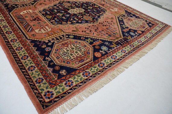 7x7 Terracotta Square Rug/ Turkmen Caucasian Geometric Rug