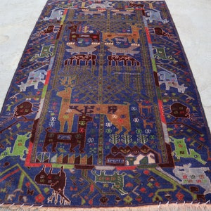 3x5 Antique Pictorial rug/ Afghan Handmade Wool Area Rug/ Vintage Baluchi Rug/ Hunting Pictorial Rug/ Oriental Turkmen Rug/ Kids Room Carpet