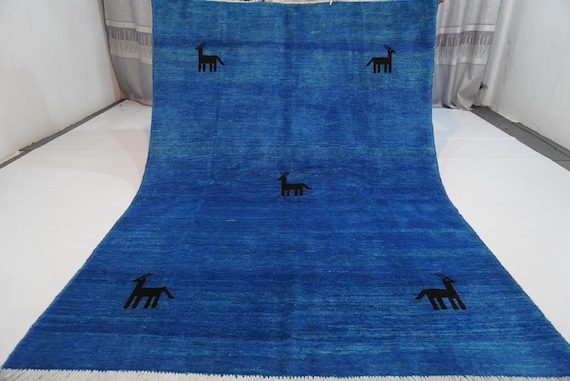5x7 Blue Vintage Gabbeh Rug 5'0x6'9 ft Afghan Plain Pictorial Rug/ Turkmen Rug/ Handmade Wool Rug/ Soft Pile Fine Rug/ Kids Room Rug 150x205