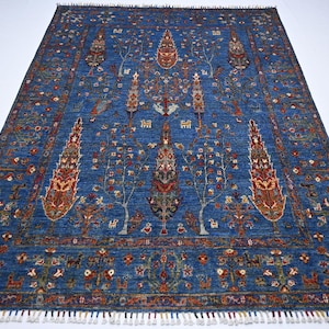 Blue Tree of life Rug 5x7 Afghan Hand Knotted Rug/ Turkmen Fine Wool Rug/ Blue Pictorial Rug/ Kids Room/ Living Room Rug 150x200 cm Area Rug