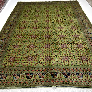 8x12 Large Afghan Super Fine Fern Green Bukhara Rug/ Rich Colors Turkmen Hand Knotted Wool Oriental Area Rug/ Rugs for Bedroom/ Living Room