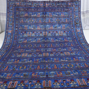 Tappeto dipinto blu intenso 7x10 / Tappeto afgano in lana fatto a mano / Tappeto turco con motivi di antilopi / Tappeto turkmeno orientale / Tappeto da ufficio / Tappeto da camera da letto / Tappeto per cameretta dei bambini