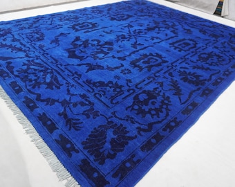 8x10 Royal Blue with Dark Blue Afghan Handmade Wool rug/ Turkish Overdyed Oushak Rug/ Tribal Soft Pile Area Rug/ Bedroom Rug Living Room Rug
