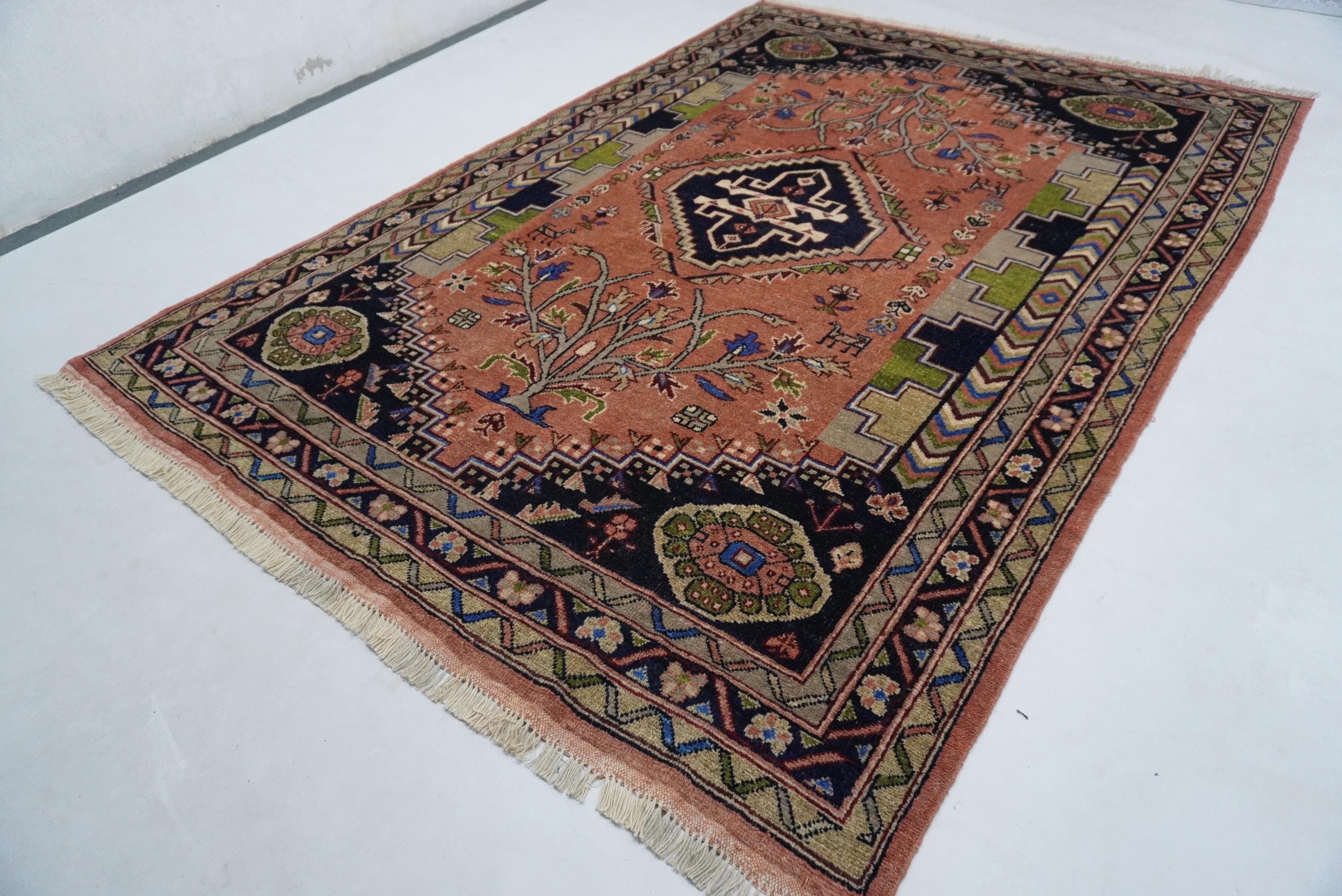 Antique Pattern Rug/ Caucasian Terracotta Pictorial Rug 6x8 Afghan Handmade Wool Area Rug Turkmen Tribal Rug/ Oriental Rug/ Living Room Rug