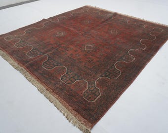 Tappeto quadrato in terracotta 5x5 / Tappeto afghano Bukhara con motivo antico / Lana fatta a mano / Tappeto tribale turkmeno / Tappeto per camera da letto / Tappeto orientale 5'0x5'5 piedi