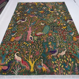 Dark Green Custom Pictorial Rug/ Afghan Handmade Wool Rug/ Peacock Birds Tree Rug/ Oriental Turkmen Rug/ Kids Room/ Square/ Runner/ Area Rug