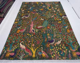 Dark Green Custom Pictorial Rug/ Afghan Handmade Wool Rug/ Peacock Birds Tree Rug/ Oriental Turkmen Rug/ Kids Room/ Square/ Runner/ Area Rug
