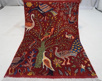 Red Pictorial Rug 3x4  One of a Kind Art Rug/ Peacocks Birds Trees/ Love Rug/ 100% Hand Knotted Wool Area Rug/ Rug for Museum/ Wall Hanging