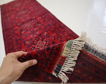 Bukhara Runner Rug 1'8x5'3 Afghan Stunning Khal Muhammadi Rug/ 50x165 cm Oriental Turkmen Rug/ Red Navy blue, Kitchen Office Runner Rug 2x5