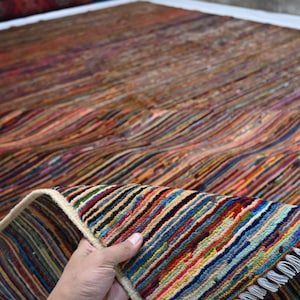 9x12 Large Afghan Super Fine Striped Rug/ Multi Rich Colors Turkmen Hand Knotted Wool Oriental Area Rug/ Rugs for Bedroom/ Living Room Rug
