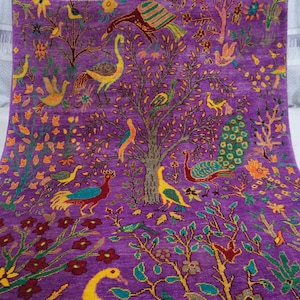 Peacock Birds Trees Pictorial Rug 5x7 Rich Purple Turkmen Fine Quality Handmade Soft Wool Rug Oriental Afghan Rug Bedroom Rug/ Kids Room Rug
