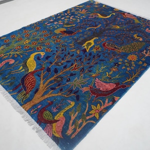 5x7 Pictorial Rug 5x6&#39;6 ft Royal Blue Hand-knotted Rug/ Afghan Pictorial Rug/ Peacock Birds Trees Rug/ Kids Room Rug 100% Wool Kids room Rug