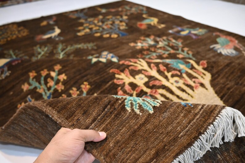 6x8 Dark Brown Pictorial Rug/ Peacocks Birds Afghan Wool Rug/ Handmade