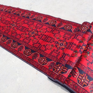 Red 16 ft Long Runner Rug/ Turkmen Bukhara Rug/ Handmade 100% Wool Carpet/ Khal Muhammadi Oriental Afghan Rug/ Kitchen Hallway Runner Rug