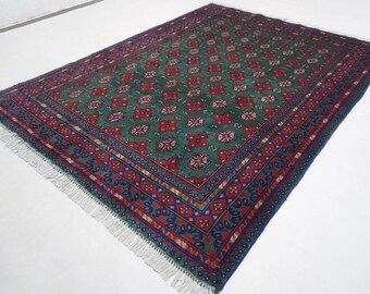 150x200 cm Farn Grüner Teppich/ Turkmenischer Mowri Buchara Teppich/ Afghanischer Wollteppich/ Orientteppich / Teppich für Schlafzimmer 130x260 cm
