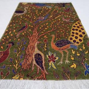 Green Pictorial Rug 2&#39;9x4&quot; Afghan Handmade Wool Area Rug/ Peacock Birds Trees Rug/ Oriental Turkmen Rug/ Kids Room Rug/ 85x120 cm Home decor