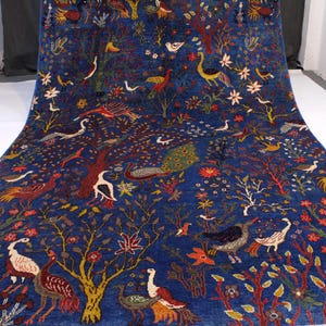 Blue Pictorial Rug 7x10 Afghan Handmade Wool Area Rug/ Peacock Birds Trees Art Rug/ Oriental Turkmen Tribal Haunting Rug Kids Room Piece Rug