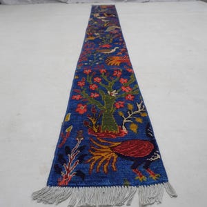 Alfombra de pasillo de 3 m / Alfombra pictórica con pájaros y árboles de pavo real de 38 x 29 cm / Alfombra de pasillo estrecha / Alfombra turcomana de lana hecha a mano / Alfombra afgana / Alfombra de pasillo