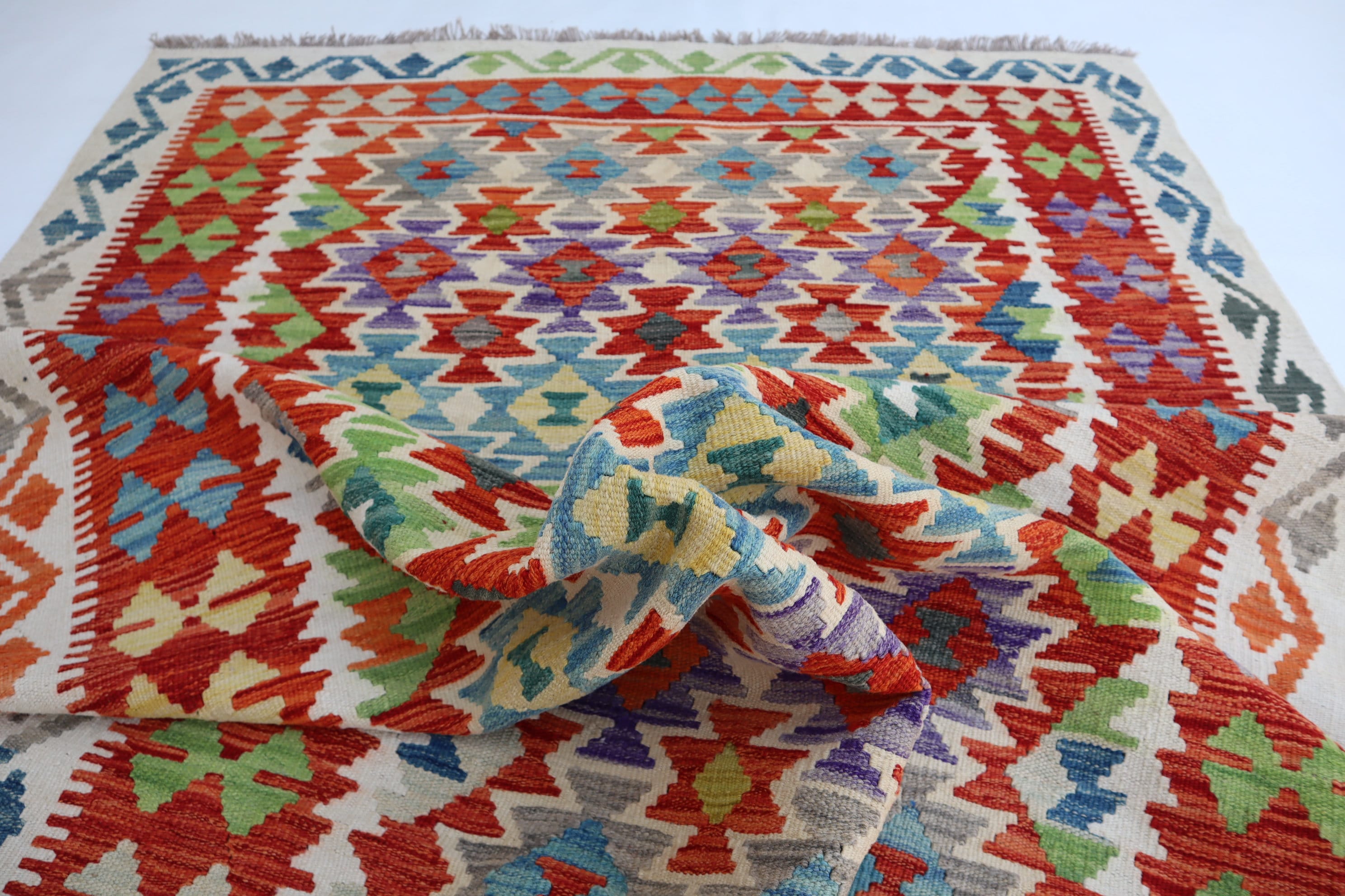 5x7 Ft Afghan Kilim Area Rug/ Red Green Blue Purple Orange