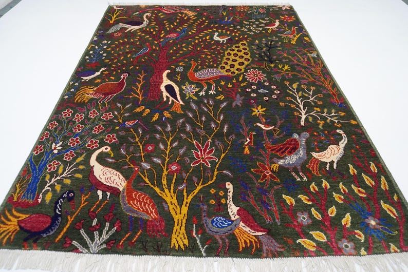 Dark Green Pictorial Rug 5x7 Afghan Handmade Wool Area Rug/ Peacock