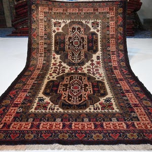 Beige Vintage Rug 4x6 Afghan Handmade Wool Rug 1950s Antique Rug/ Turkmen Tribal Rug/ Oriental Geometric Baluchi Rug/ Office Rug Bedroom rug