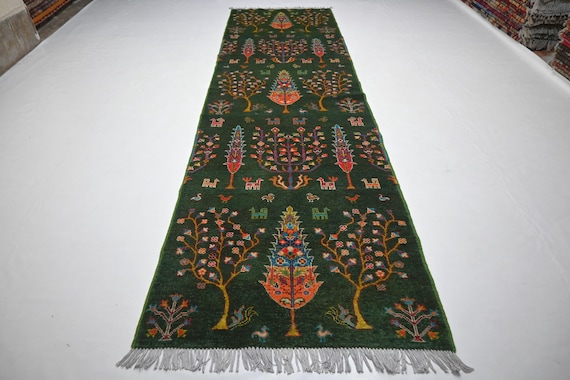 ダークグリーンの絵柄ランナー 2'9x9'8 フィート アフガニスタン製
