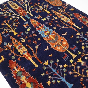 Navy Blue Tree Of Life Rug 5x7 Afghan Handmade Wool Pictorial Rug/ Oriental Turkmen Rug/ Rich Colors Area Rug/ Rug for Kids room/ Girls Room