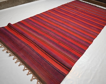 13x5 Afghan Vintage rug/ Pink Orange Black Rug/ Handmade Wool Rug/ Flatweave Kilim Rug/ Striped design Rug/ Kitchen Wide Runner 160x400 cm