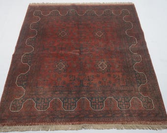 Tappeto quadrato antico in terracotta 5'0x5'5 piedi / Tappeto afghano vintage fatto a mano / Tappeto turkmeno Bukhara 100% lana / Tappeto da cucina / Tappeto da camera da letto / Tappeto da ufficio 5x5