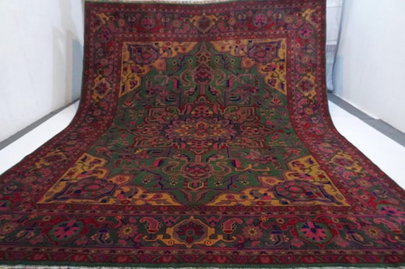 8'5x10 ft Afghan Vintage Rug/ Turkish Heriz design Rug/ Soft Pile Medallion Area Rug/ Green Red Handmade Wool Rug/ Living Room/ Bedroom Rug