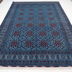 5x7 (7x10) (9x11) Blauer Buchara Teppich/ Afghanische Superfeiner Handgemachter Bio Wollteppich/ Turkmenischer Stammes Teppich/ Orientalischer Großer Teppich