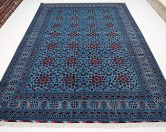 5x7 (7x10) ( 9x11 ) Blue Bukhara Rug/ Afghan Super fine quality Handmade Organic Wool Rug/ Turkmen Tribal Rug/ Oriental Afghan Large Carpet