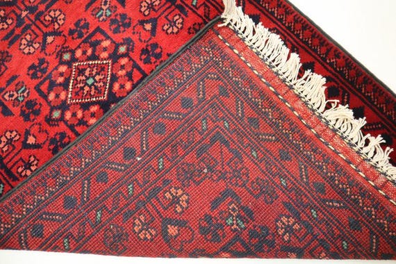 トルクメン アフガニスタン レッド ラグ/サイズ: 52x160cm... k5 アフガニスタン絨毯をモチーフにしたゴブラン織りラグ 約 200×200 cm 2