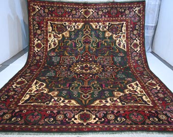 8'3x10 ft Afghan Vintage Rug/ Turkish Heriz design Rug/ Soft Pile Medallion Area Rug/ Green Red Handmade Wool Rug/ Living Room / Bedroom Rug