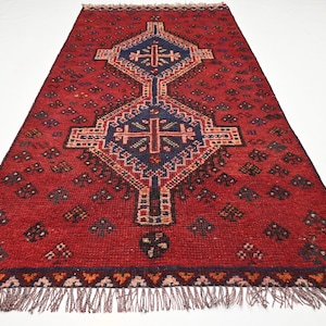 3x6 Afghan Rug 1950s Antique Rug/ Red Handmade Rug/ Wool Rug/ Turkmen Tribal Rug/ Geometric design Caucasian Rug 90x180 cm Bedroom Area Rug