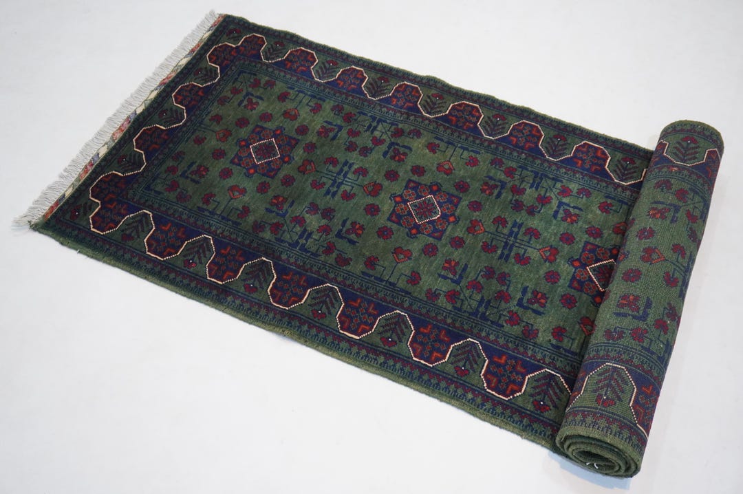 10 Ft Dark Green Runner Rug/ Afghan Fine Bukhara Rug/ Turkmen Hand ...