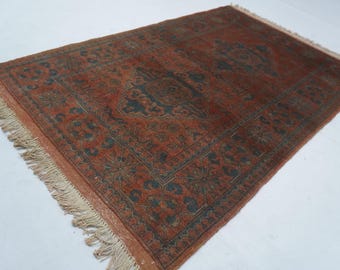 1990s Antique Afghan Rug 3'4x5'3 ft Vintage Turkmen Tekke Kalisaye Rug/ Afghan Handmade Wool Rug/ Low Pile Area Rug/ Terracotta Old Rug 3x5"