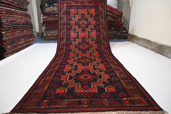 4x11 Afghan Vintage Runner Rug/ Handmade Wool Rug/ Turkmen